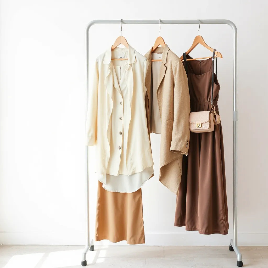 Neatly arranged women’s clothing on a minimalist rack with a blazer, dress, and blouse under soft natural light
