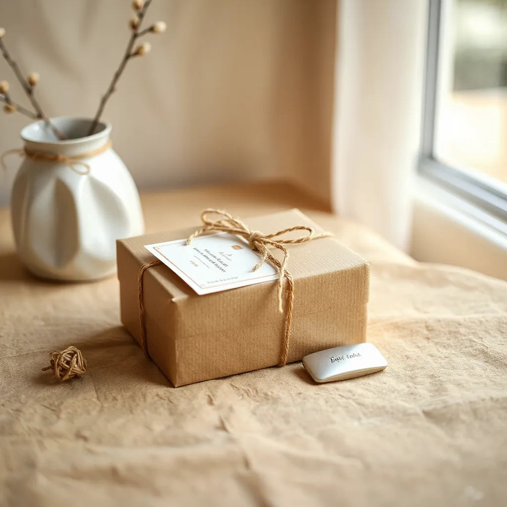 Wrapped gift box with a tied note and an engraved keepsake on a warm neutral background