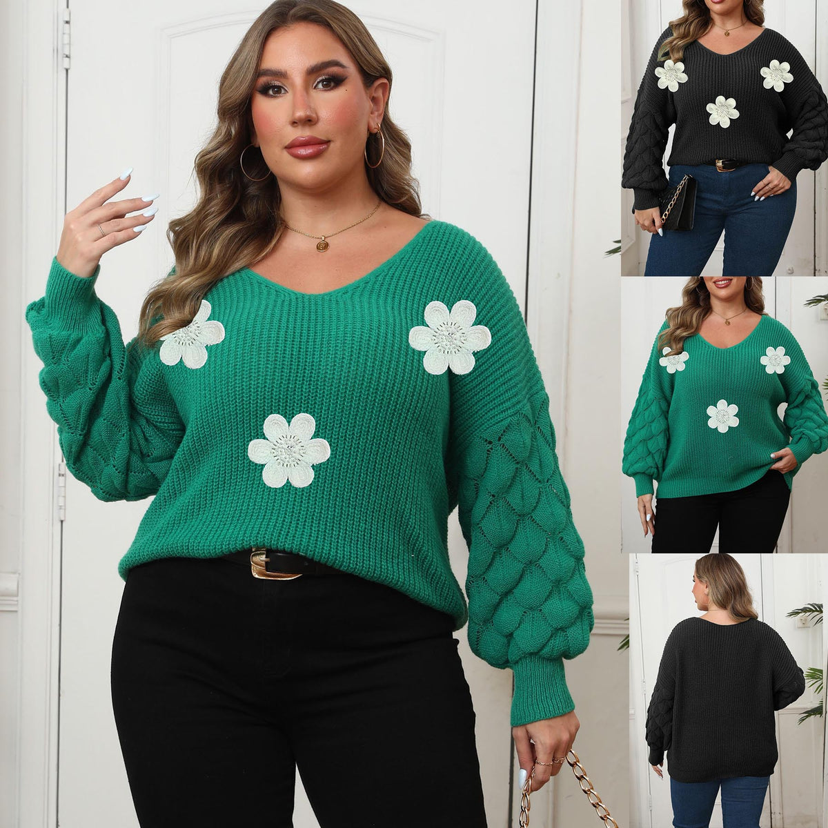 Women's Plus Size Textured-Sleeve Sweater