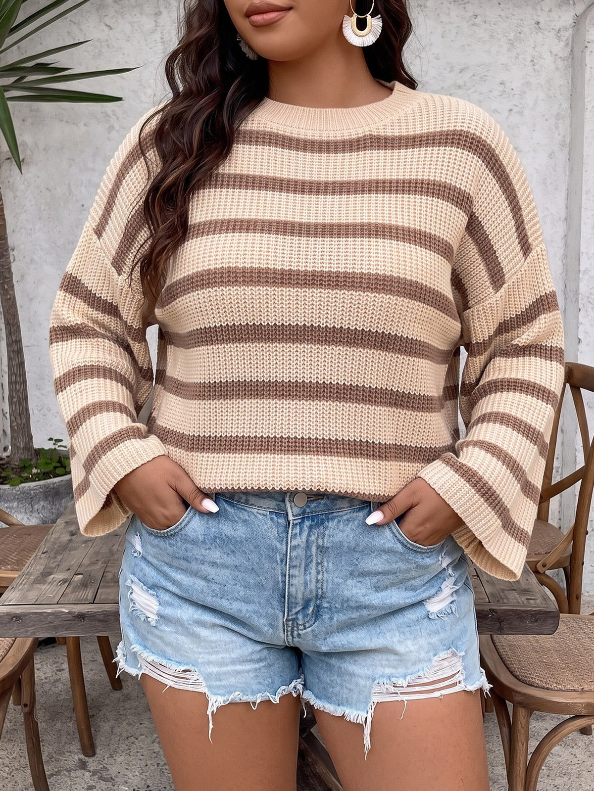 Women's Plus Size Striped Button-Detail Sweater