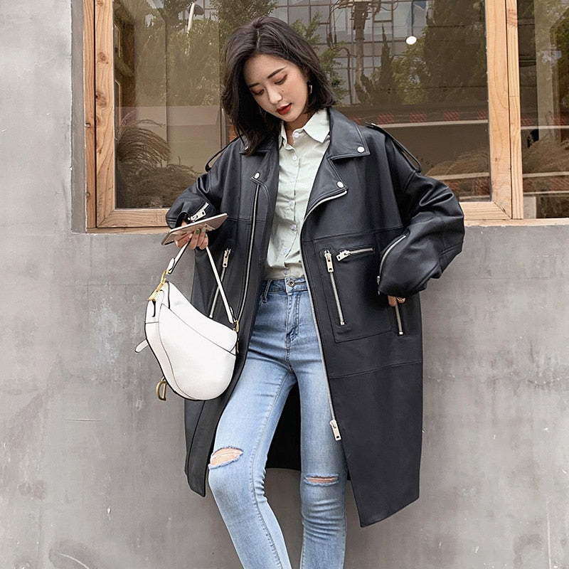 Women's Oversized Long Faux-Leather Biker Jacket