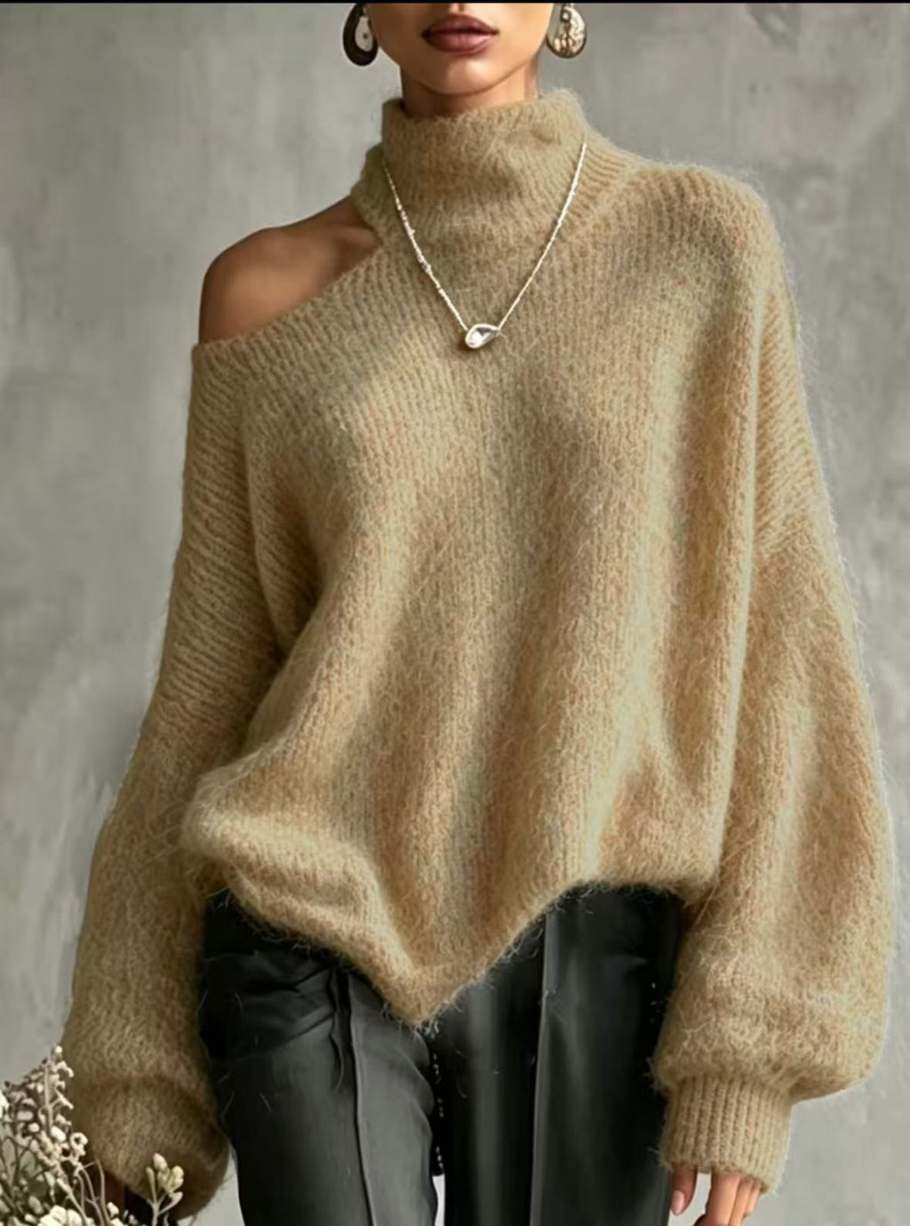High-Neck Knit Pullover Sweater