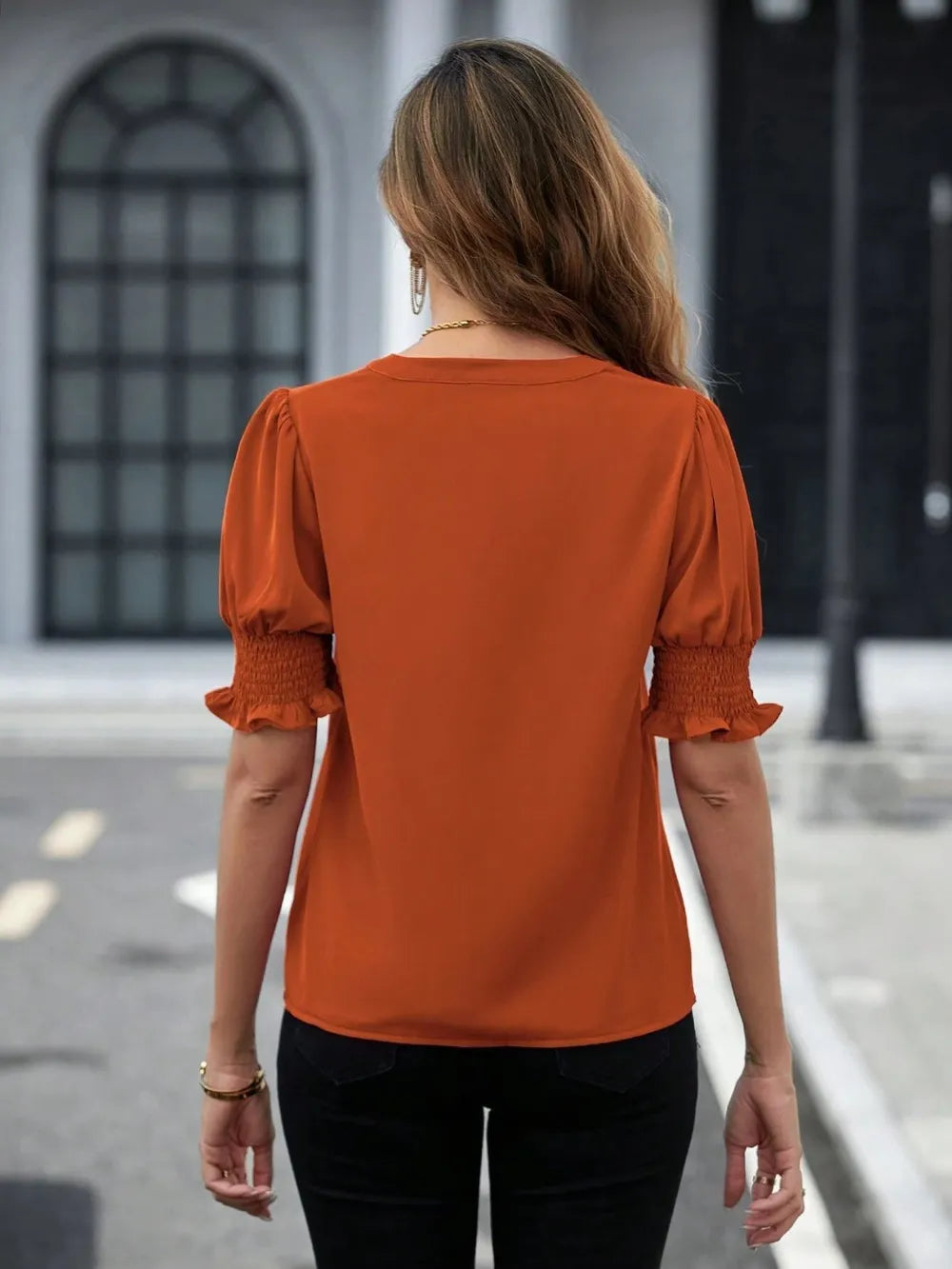 Notched-Neck Short-Sleeve Blouse