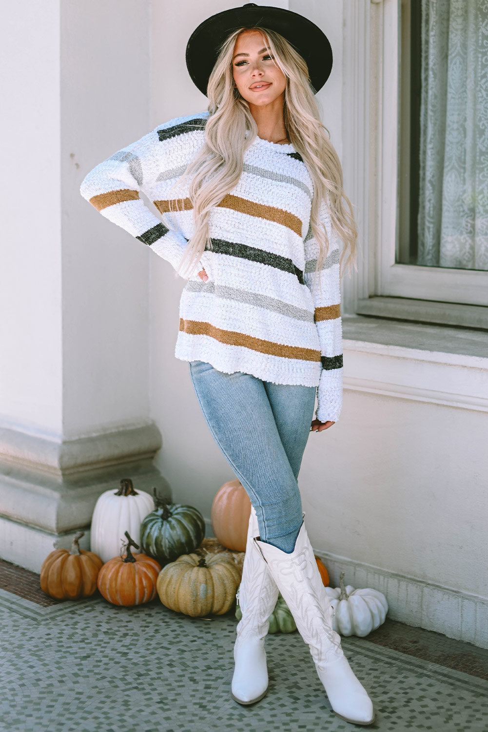 Women's Striped Popcorn-Knit Sweater