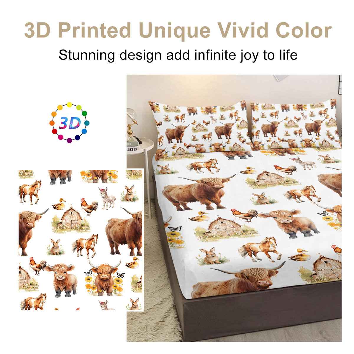 Cow & Duck Microfiber Bed Sheet & Pillowcase Set — 3 Pieces