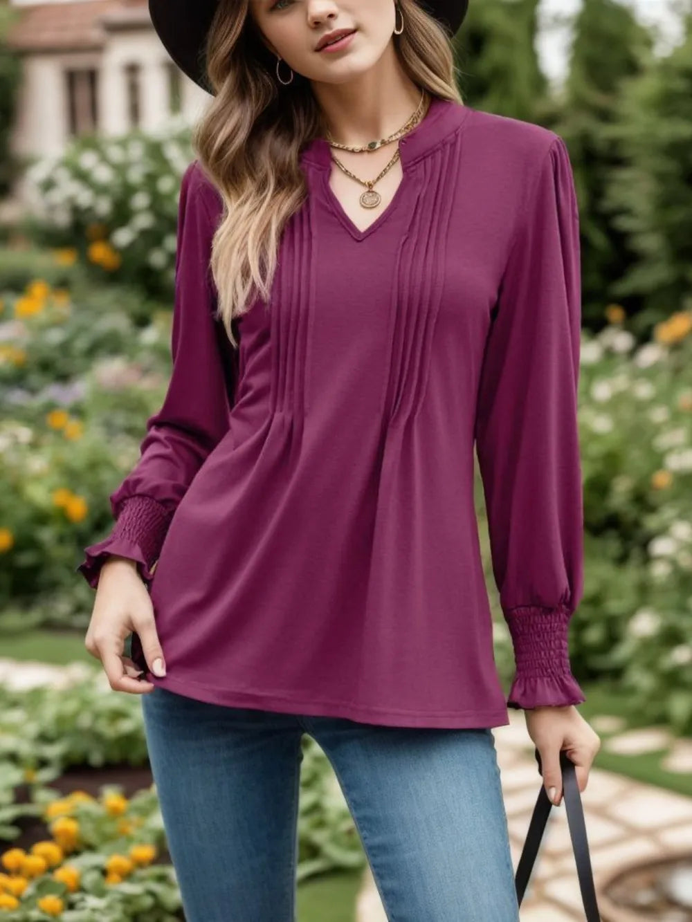 Women's Notched Smocked Flounce-Sleeve Blouse