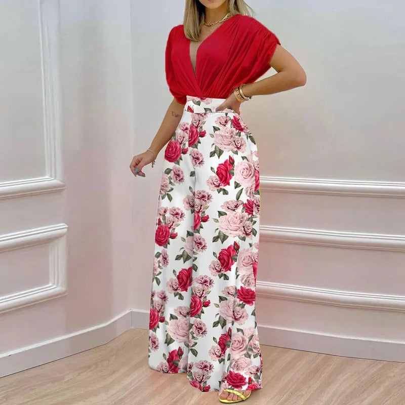 Printed V-Neck Top & Wide-Leg Pants Set