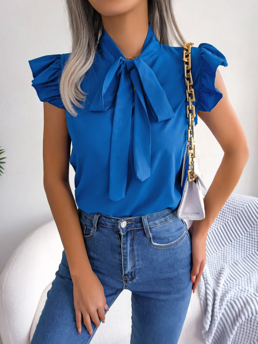 Women's Tie-Neck Cap-Sleeve Blouse