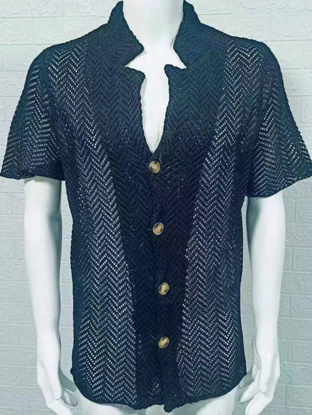 Men's Plus Size Herringbone Button-Down Knit Shirt