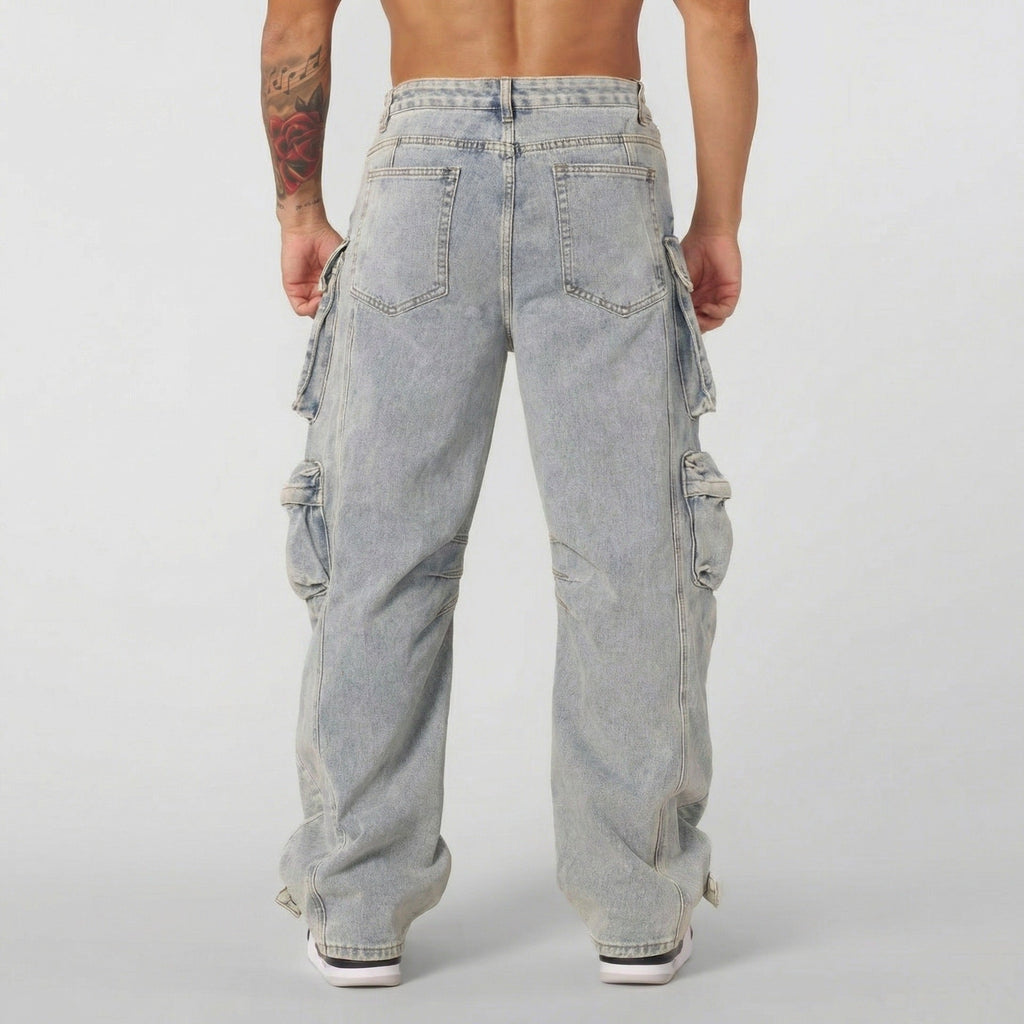 Men's Washed Straight-Leg Multi-Pocket Jeans