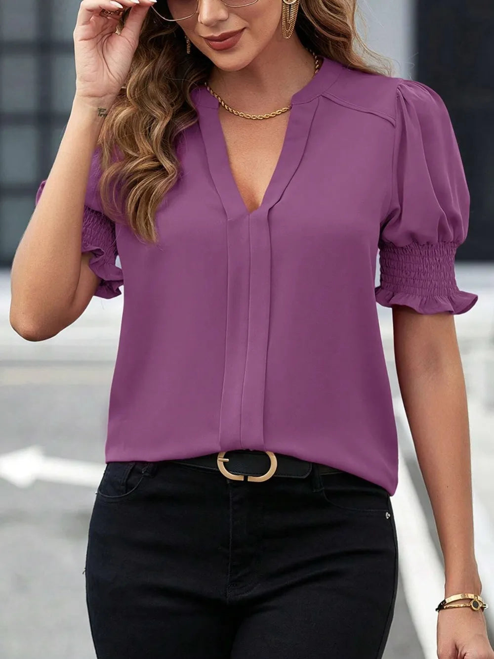 Notched-Neck Short-Sleeve Blouse