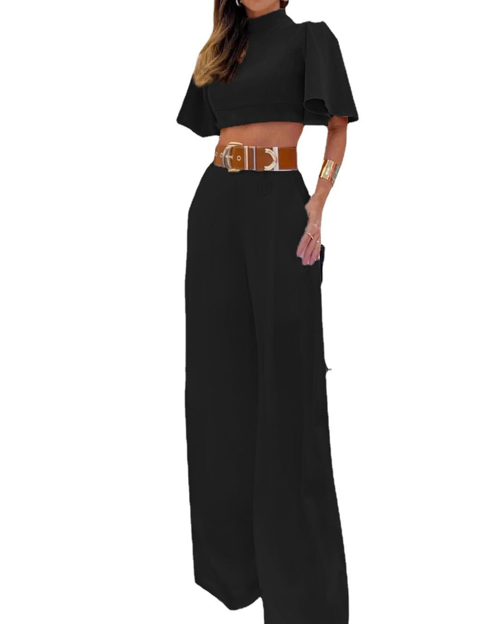Open-Back Flare-Sleeve Top & Wide-Leg Pants Set