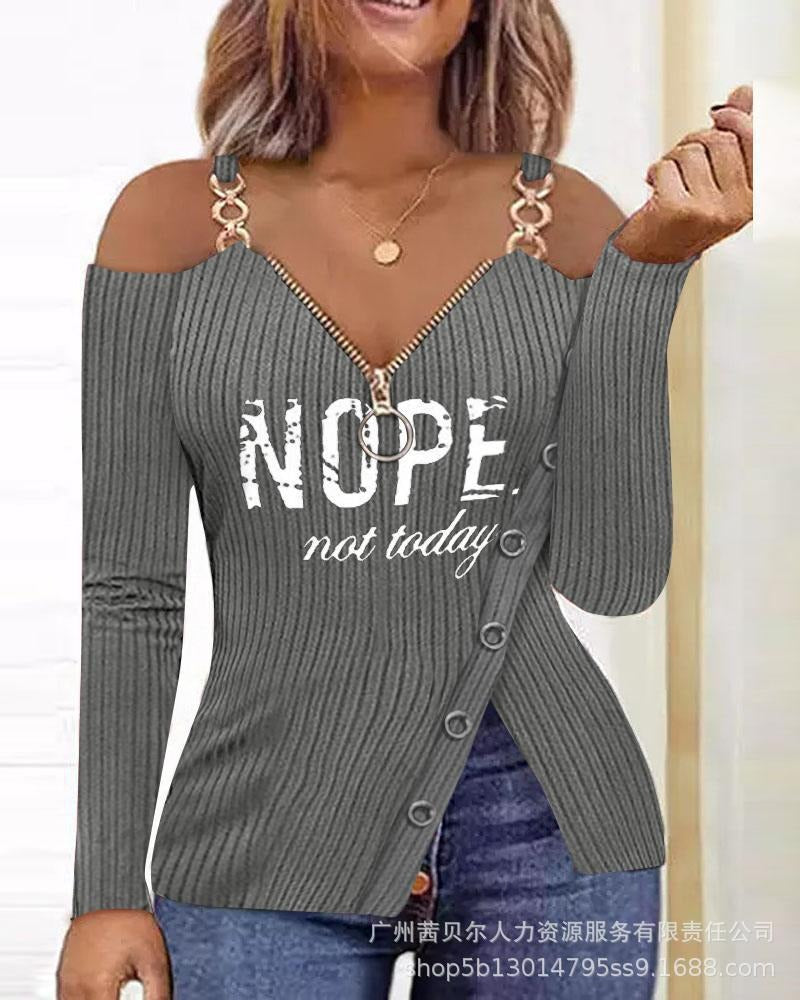 Anchor-Print Zip-Detail Long-Sleeve Top
