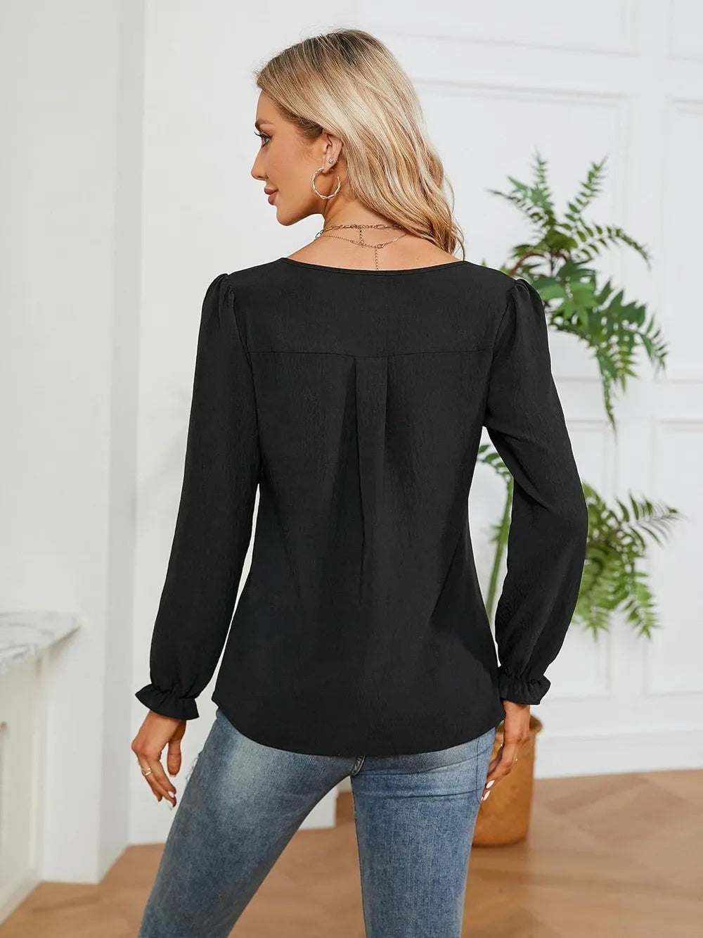 Notched-Neck Flounce-Sleeve Blouse