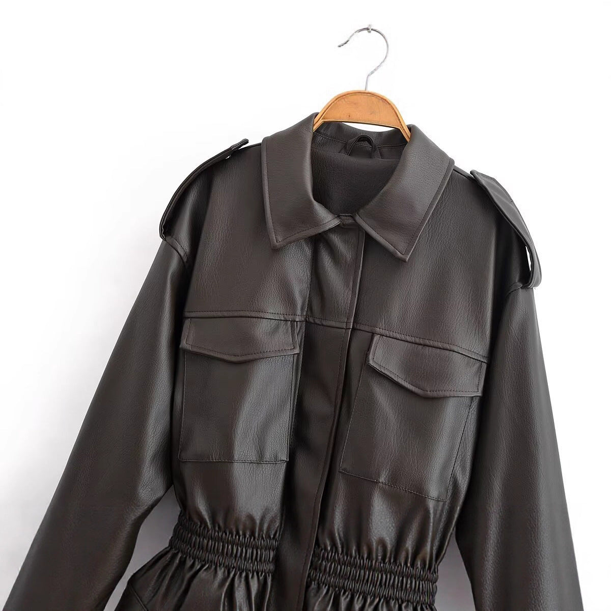 Belted Olive Green Faux-Leather Jacket