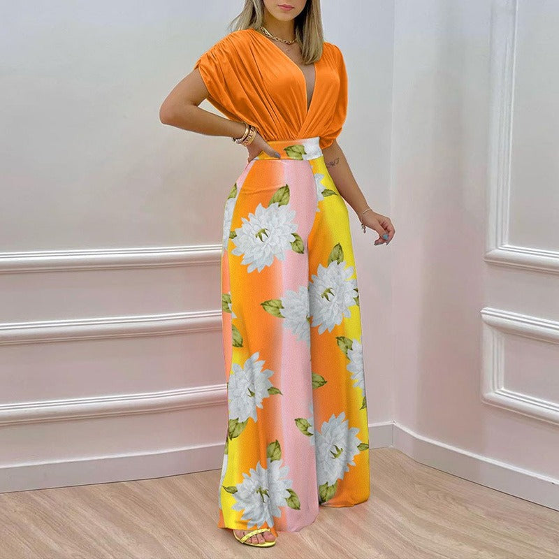 Printed V-Neck Top & Wide-Leg Pants Set