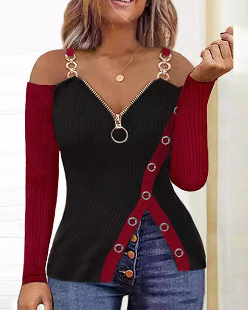 Anchor-Print Zip-Detail Long-Sleeve Top