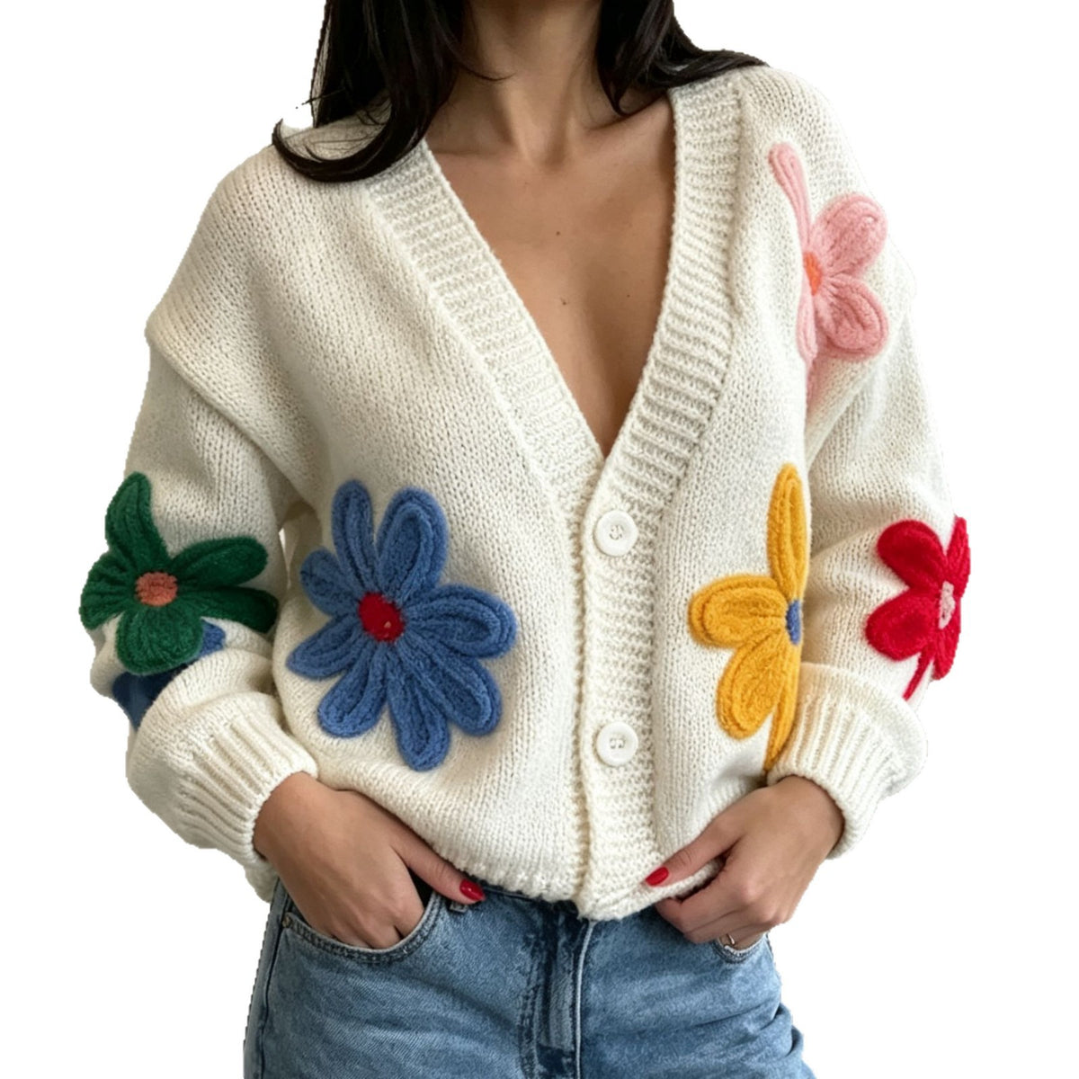 Women's Colorful Floral V-Neck Sweater