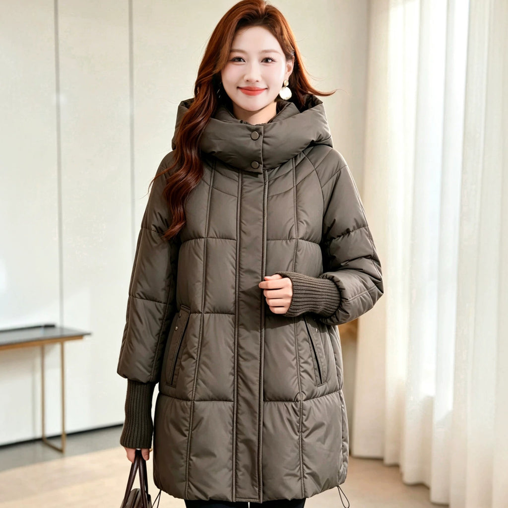Women's Plus Size Hooded Mid-Length Puffer Jacket