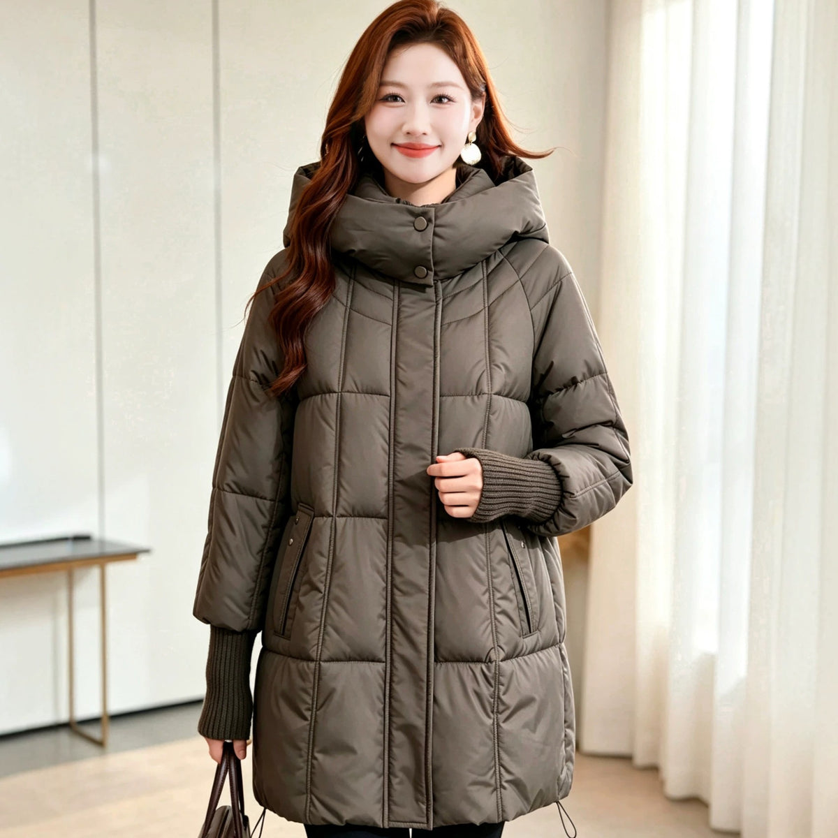 Women's Plus Size Hooded Mid-Length Puffer Jacket