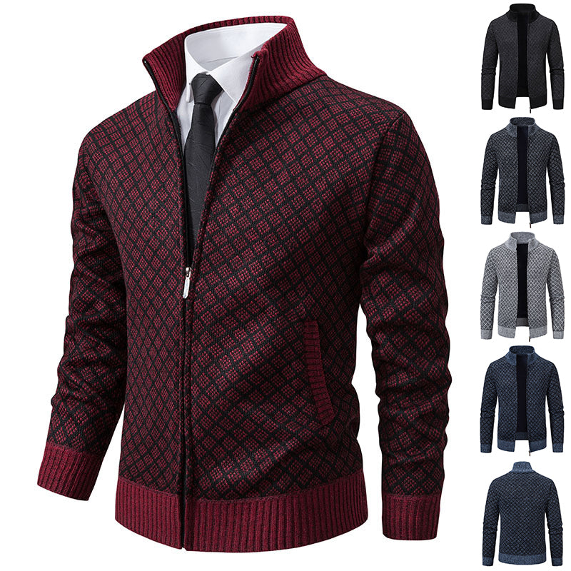 Men's Zip-Up Plaid Knit Cardigan