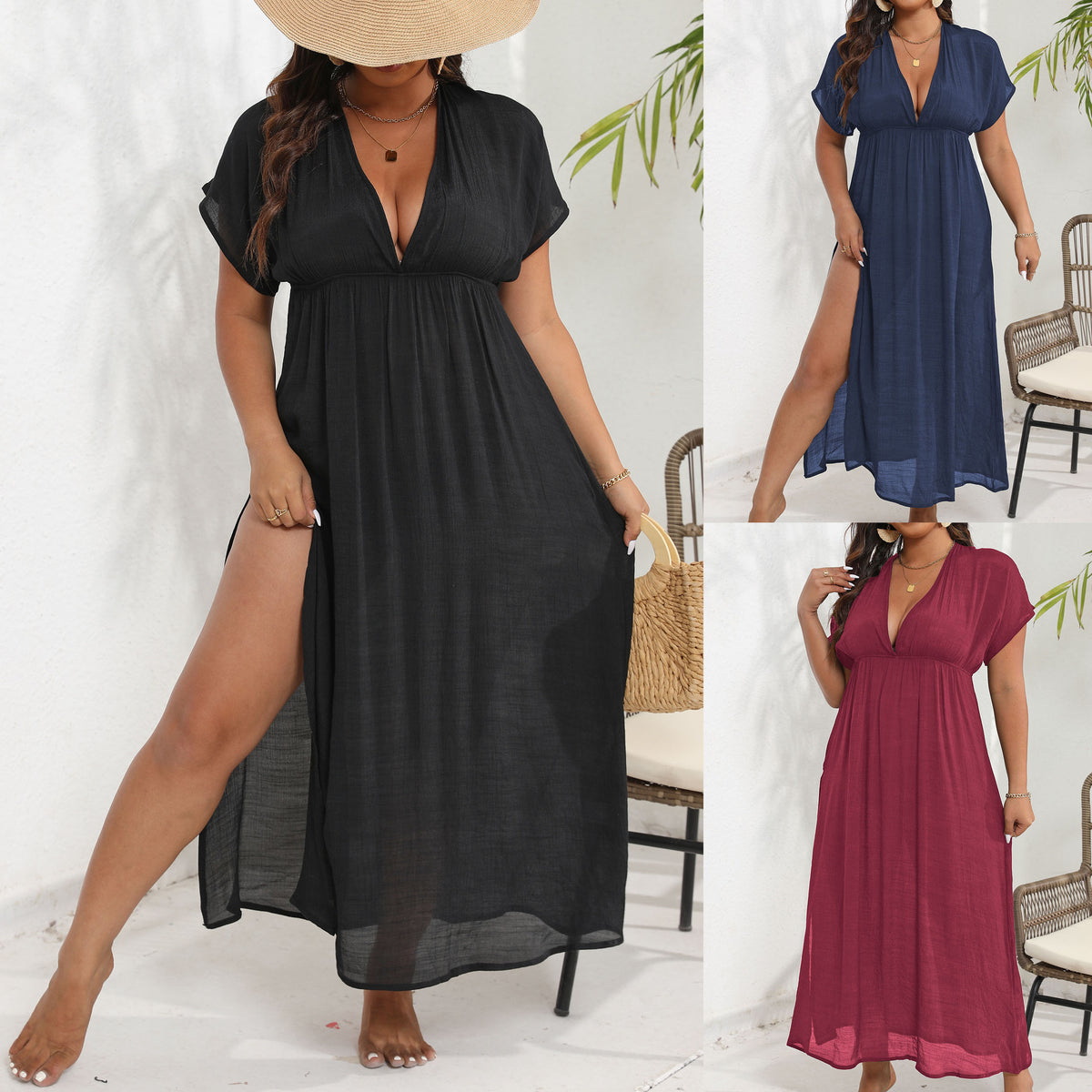 Women's Plus Size Split-Hem Fitted-Waist Maxi Dress