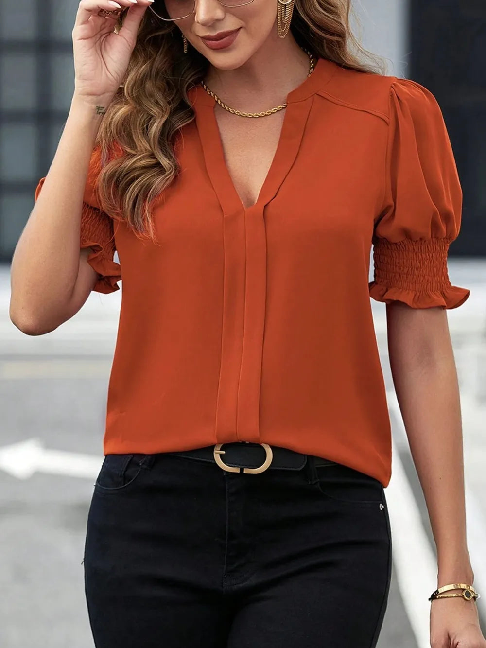 Notched-Neck Short-Sleeve Blouse