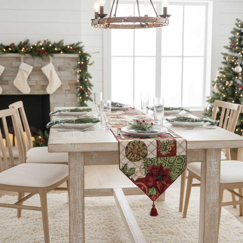 Holiday Tidings Poinsettia Christmas Table Runner