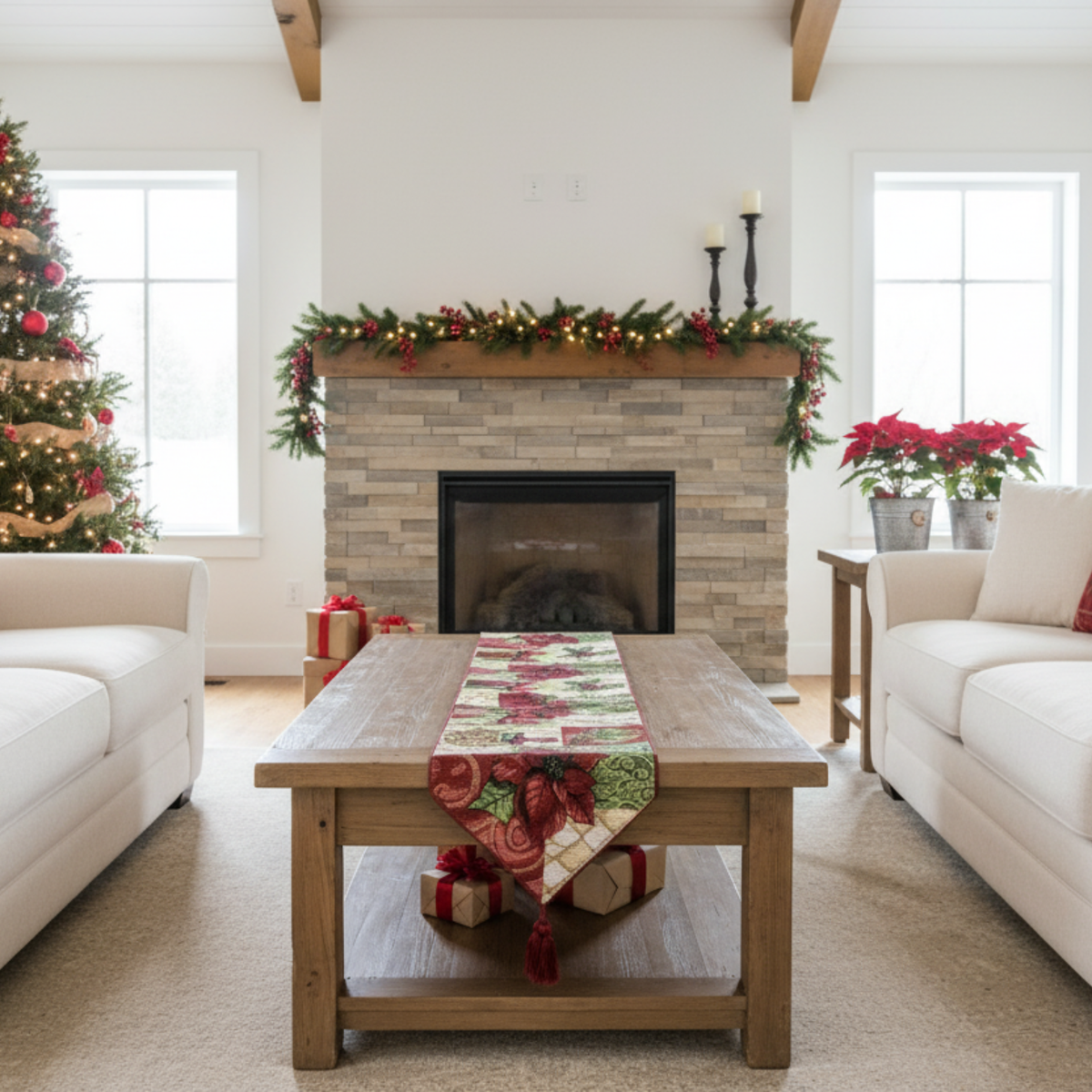Holiday Tidings Poinsettia Christmas Table Runner