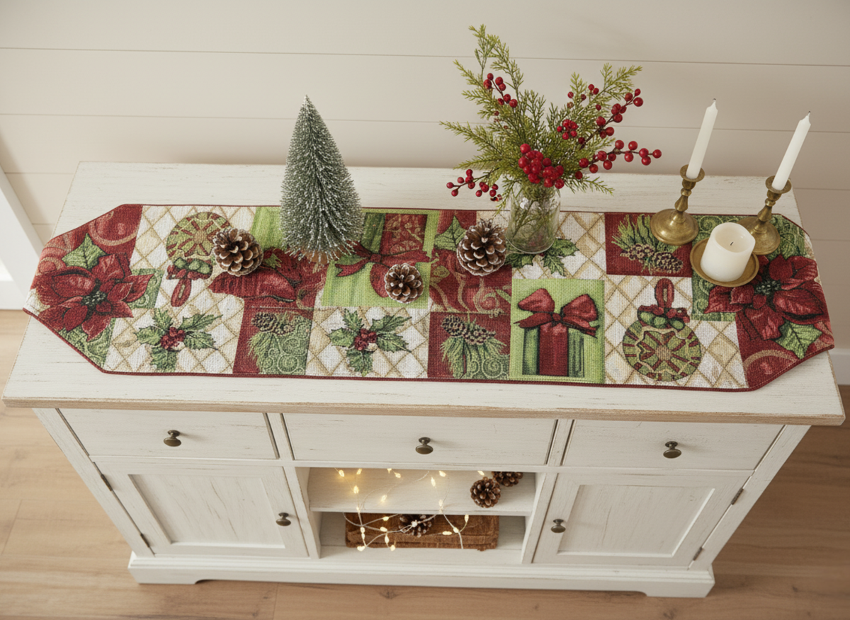 Holiday Tidings Poinsettia Christmas Table Runner