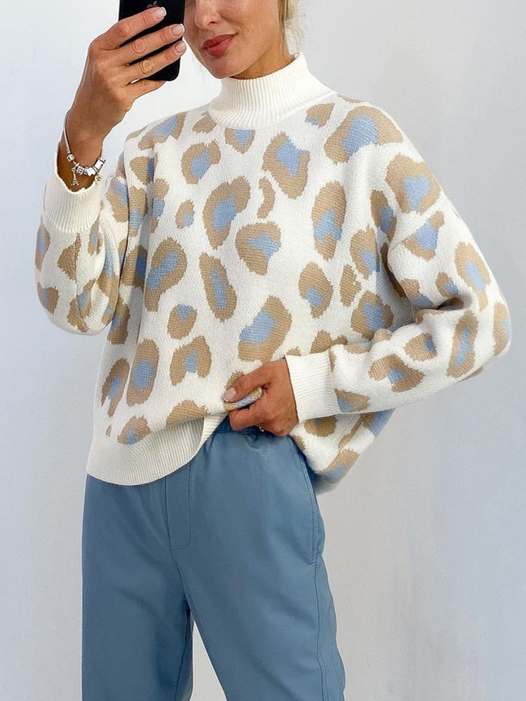 Relaxed Leopard-Print Mock-Neck Sweater