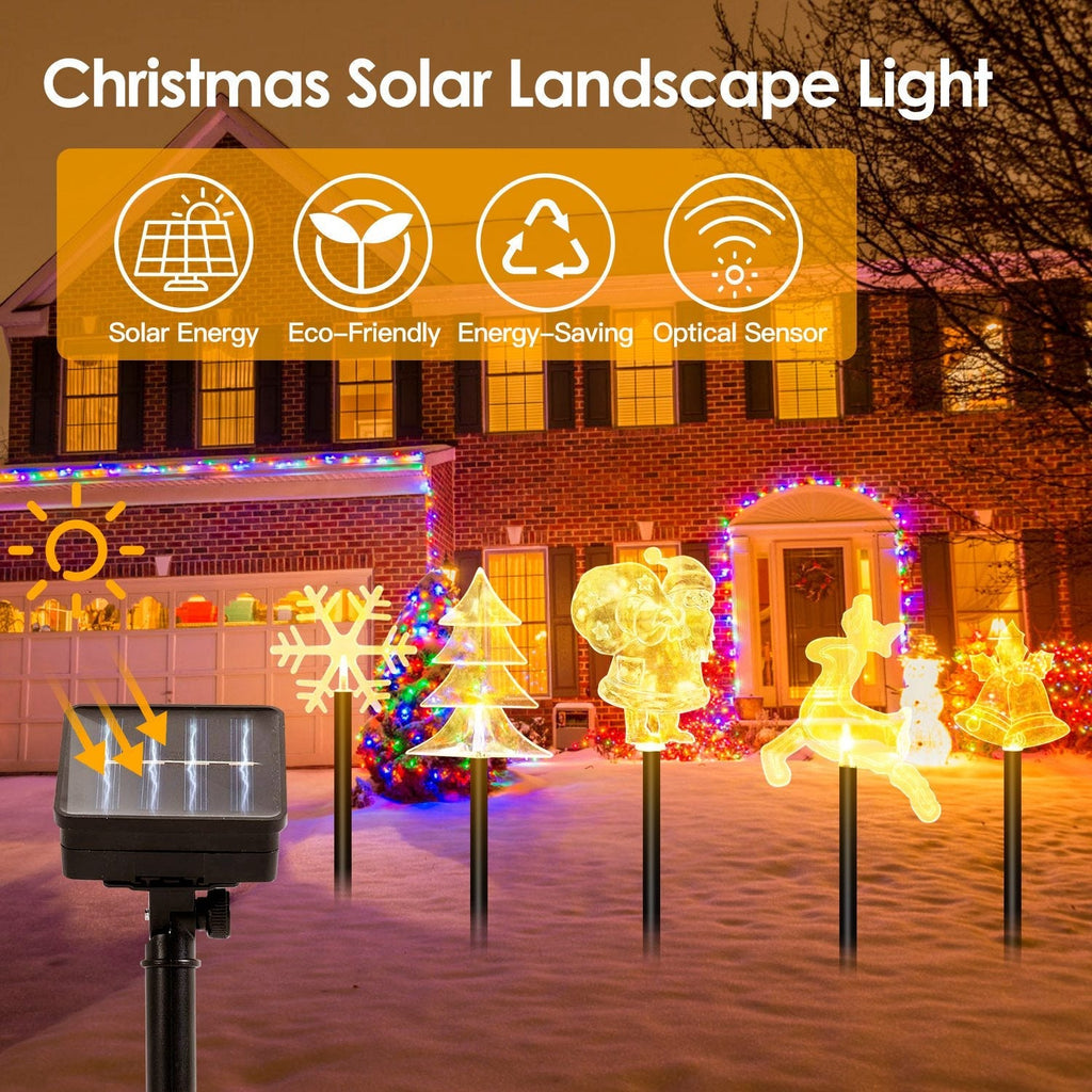 5Pcs Mixed Christmas Decoration Light Solar Stake Light Waterproof Reindeer Snowflake Bell