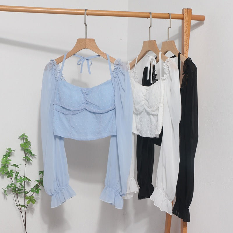Lace-Up Square-Neck Lantern-Sleeve Crop Top