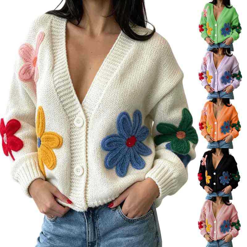 Women's Colorful Floral V-Neck Sweater