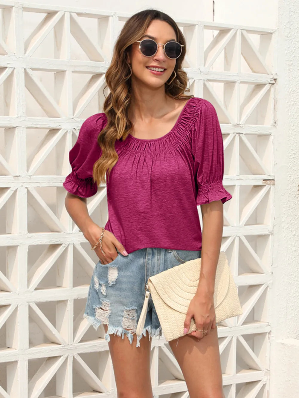 Ruched Short-Sleeve Blouse
