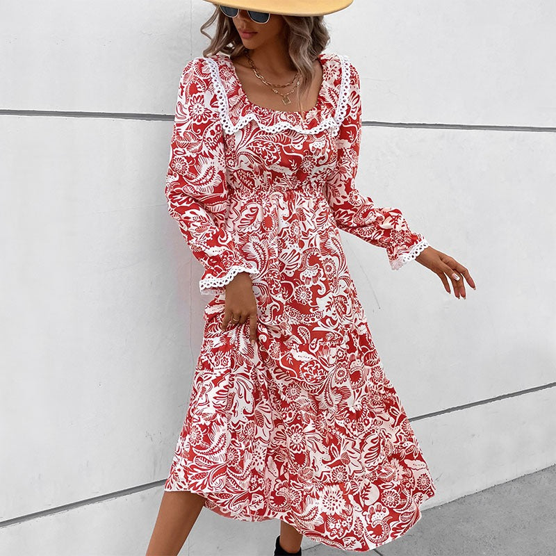 Women's Lace-Patch Floral Square-Neck Dress