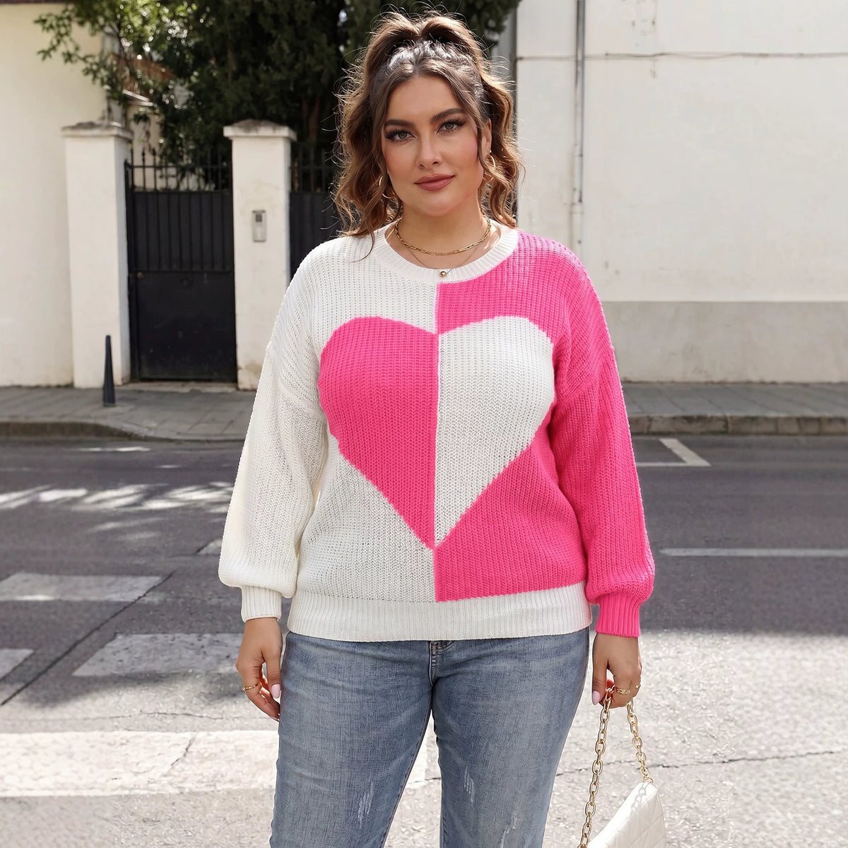 Women's Plus Size Heart-Patch Knit Sweater