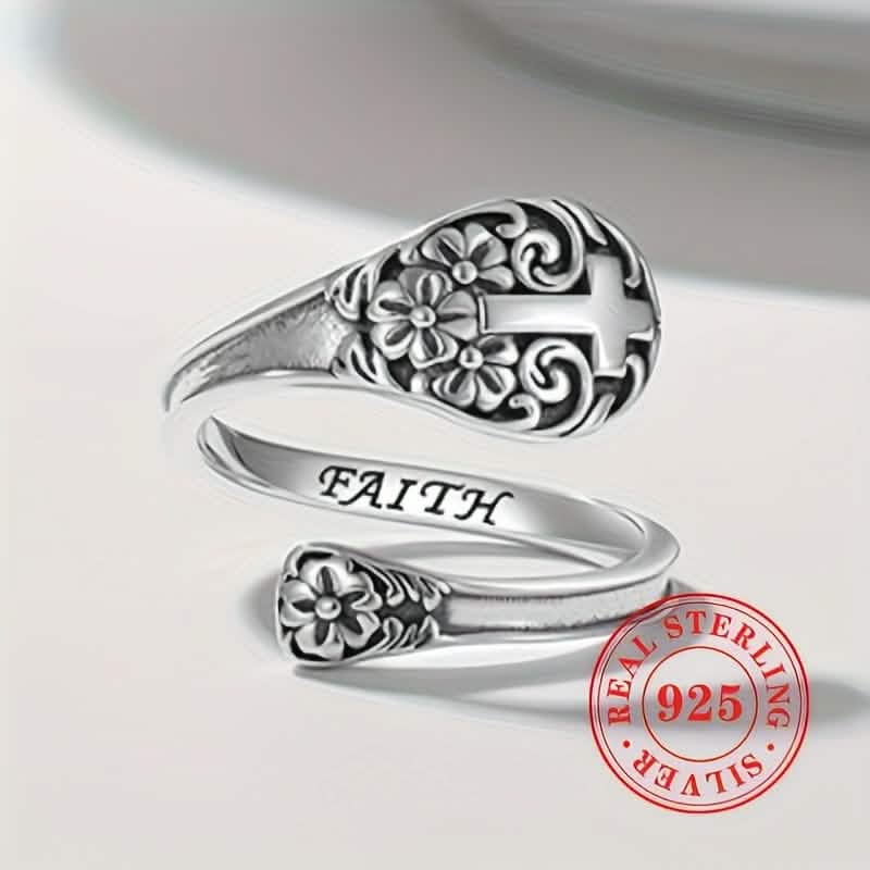 925 Sterling Silver Adjustable Cross Faith Ring