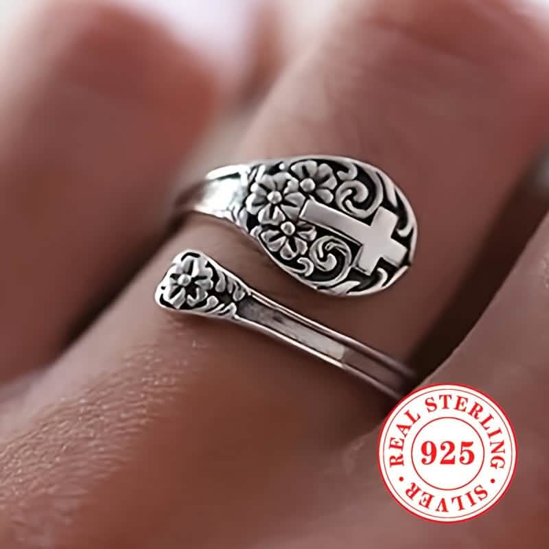 925 Sterling Silver Adjustable Cross Faith Ring