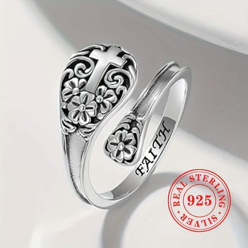 925 Sterling Silver Adjustable Cross Faith Ring