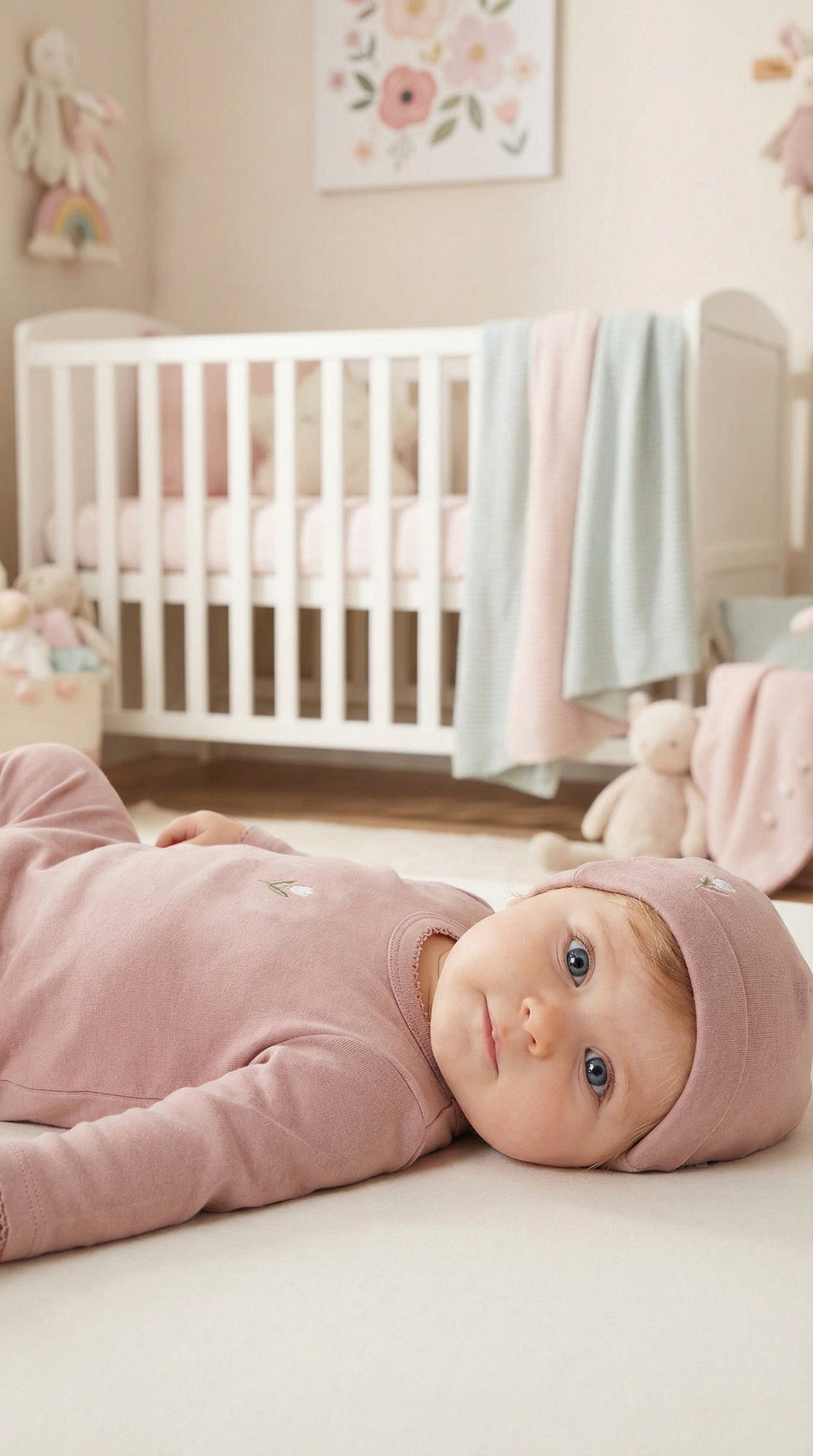 Baby Embroidered Flower Cotton Footie & Hat Set