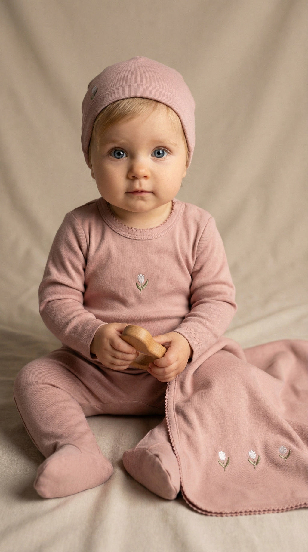 Baby Embroidered Flower Cotton Footie & Hat Set