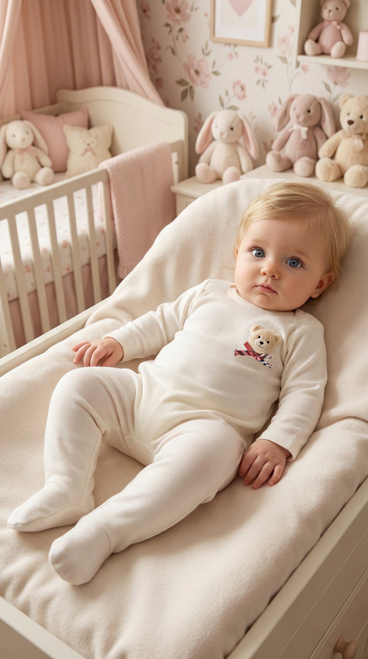 Baby Bear Print Cotton Footie & Hat Set