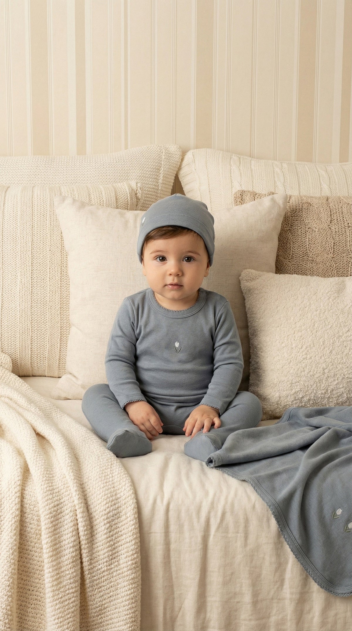 Baby Embroidered Flower Cotton Footie & Hat Set
