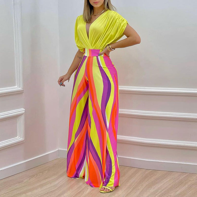 Printed V-Neck Top & Wide-Leg Pants Set
