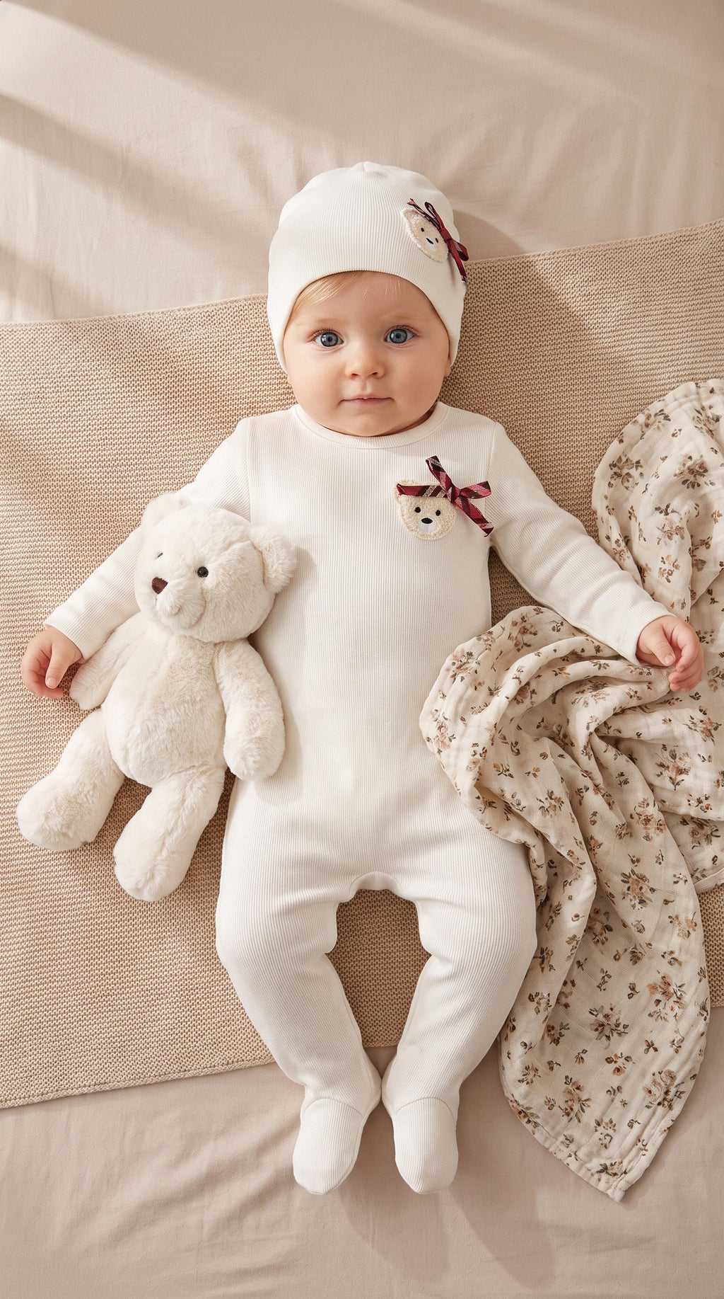 Baby Bear Print Cotton Footie & Hat Set