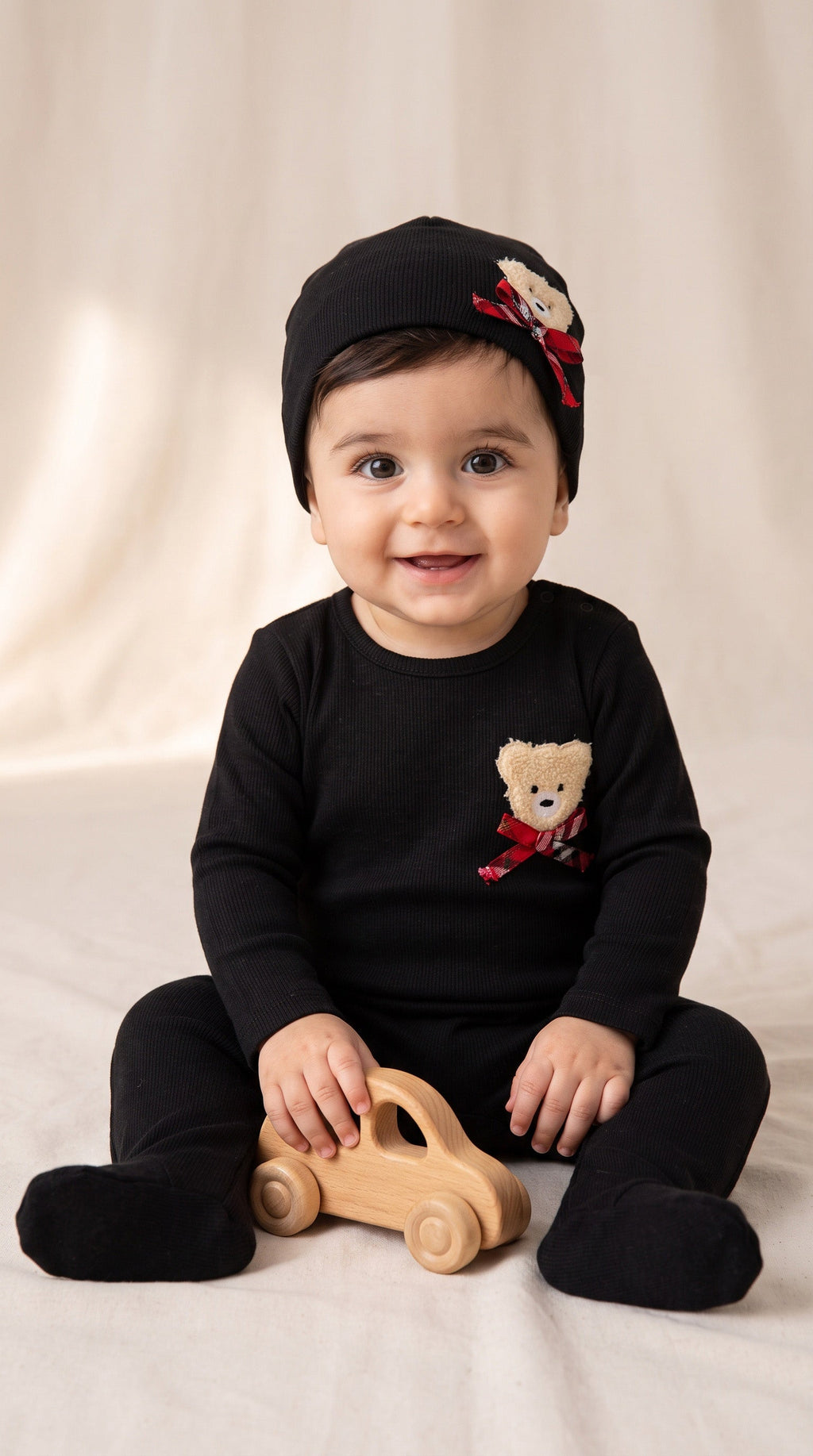 Baby Bear Print Cotton Footie & Hat Set