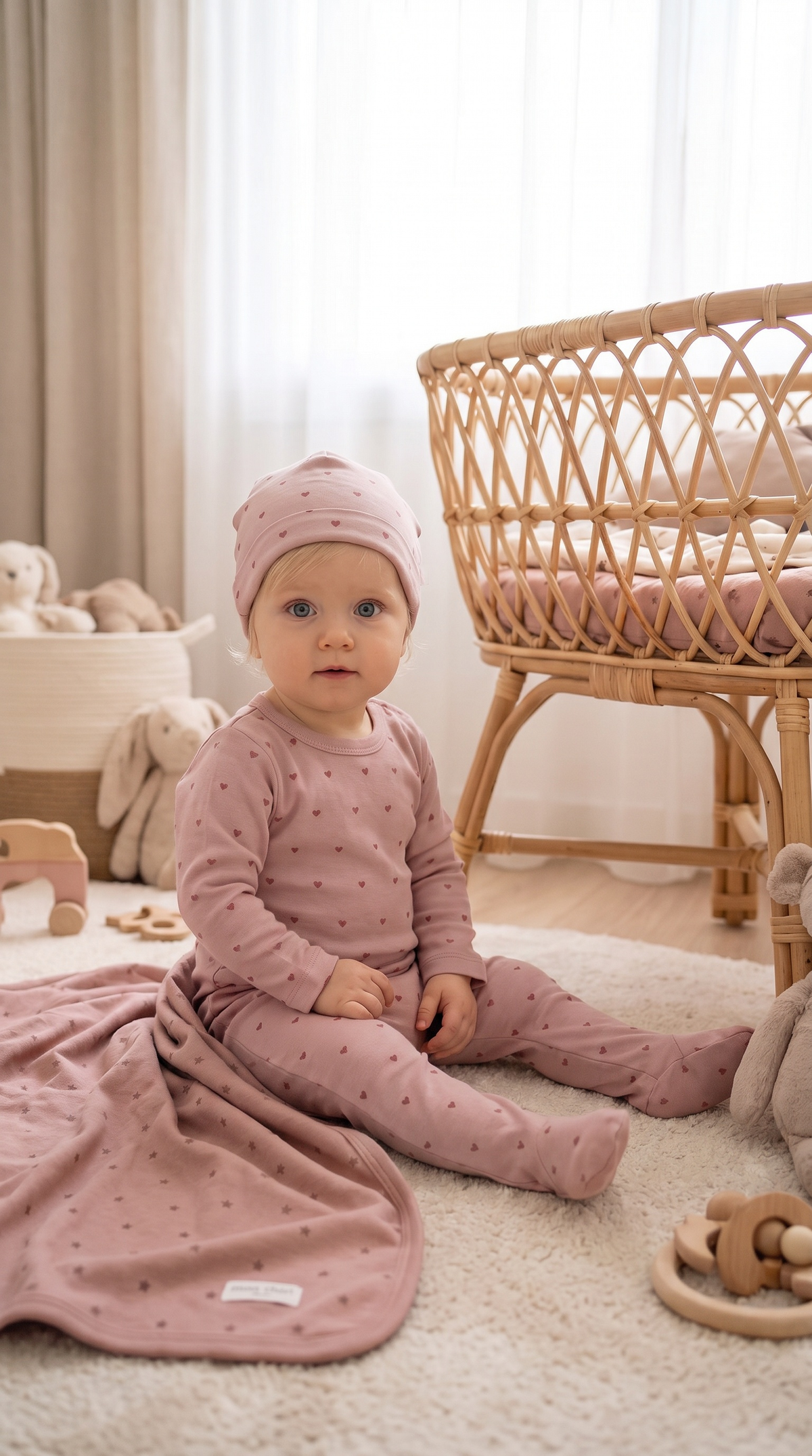 Baby Heart Print Cotton Footie & Hat Set