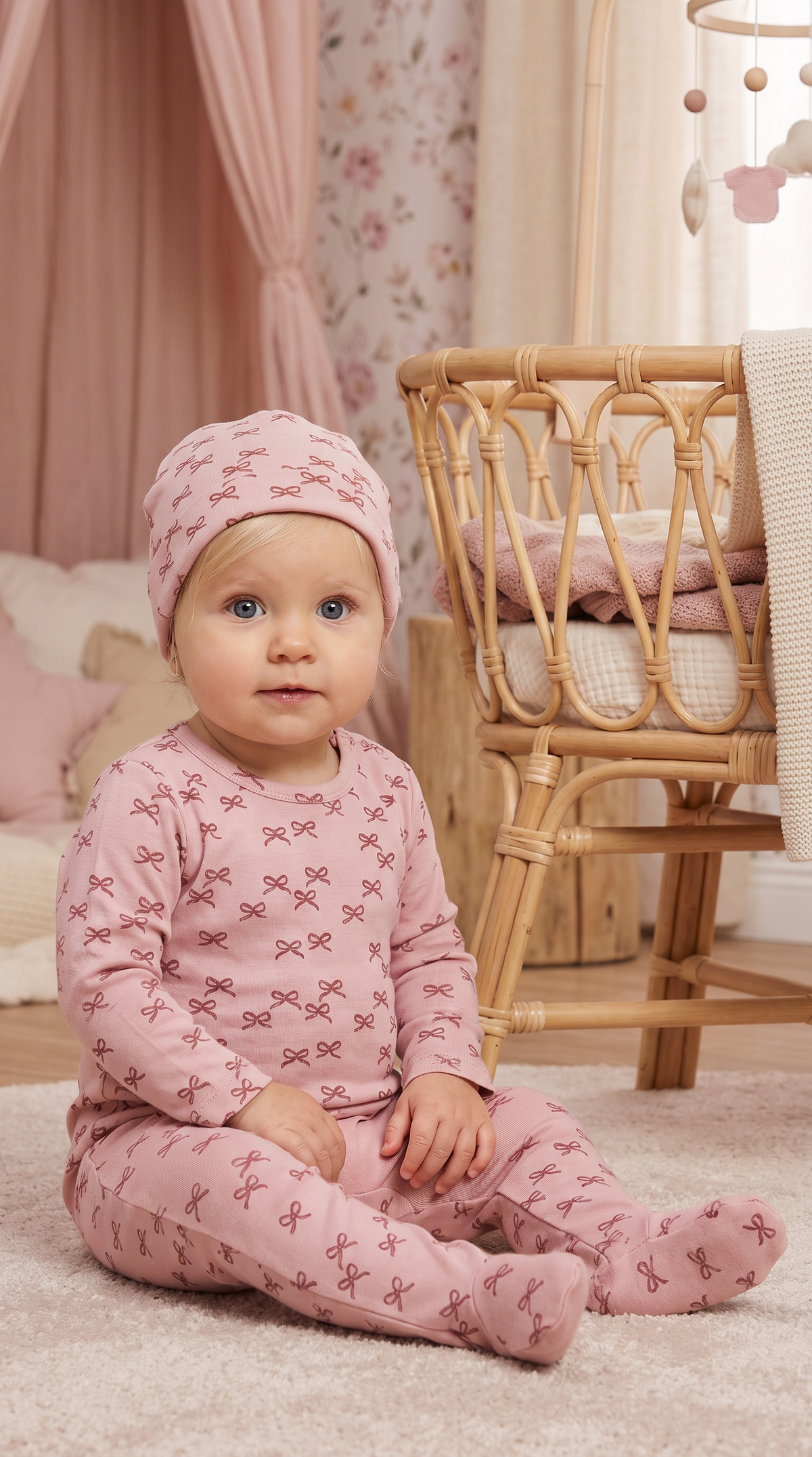 Baby Bow Print Cotton Footie & Hat Set
