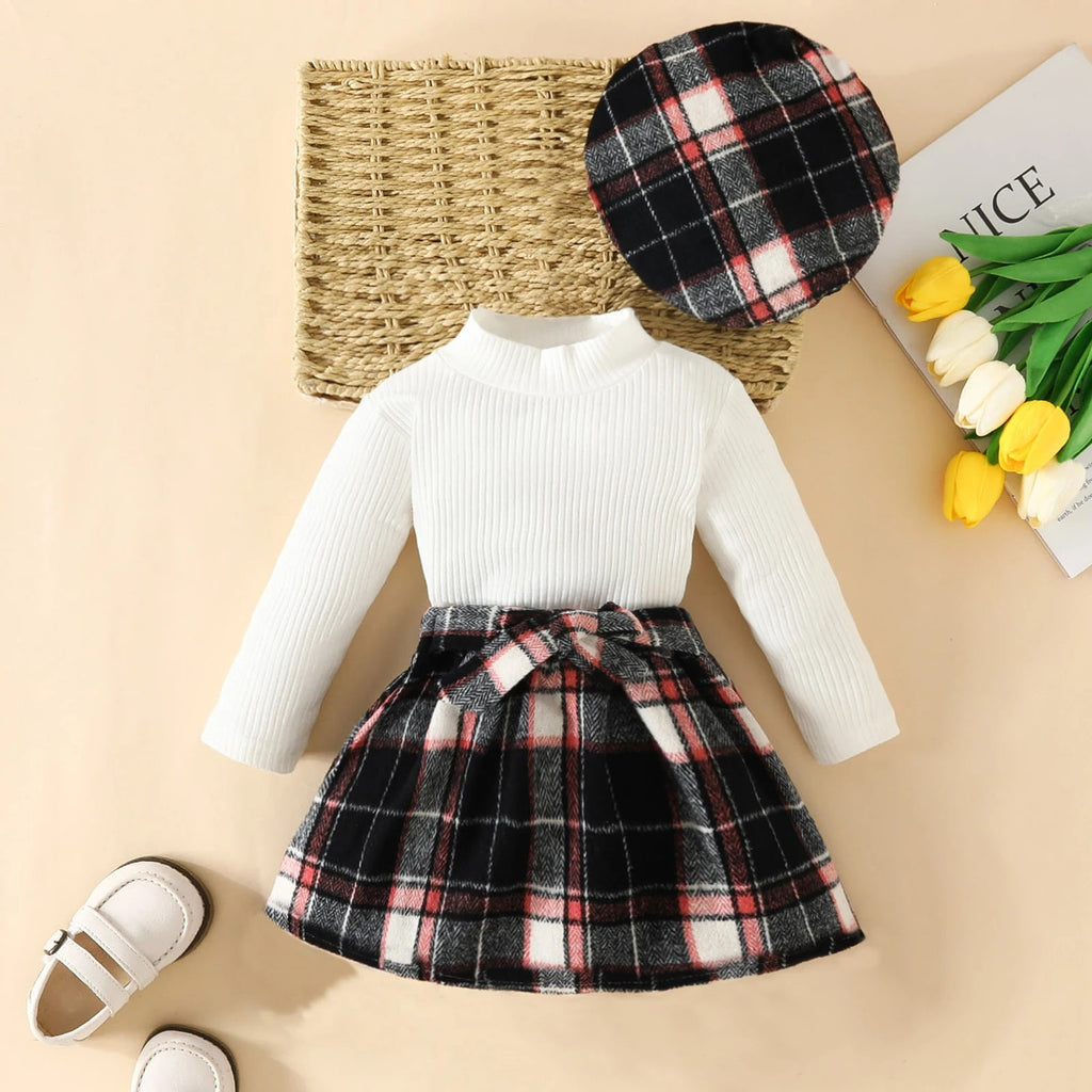 Baby Girls' Knit Top, Plaid Skirt & Hat Set